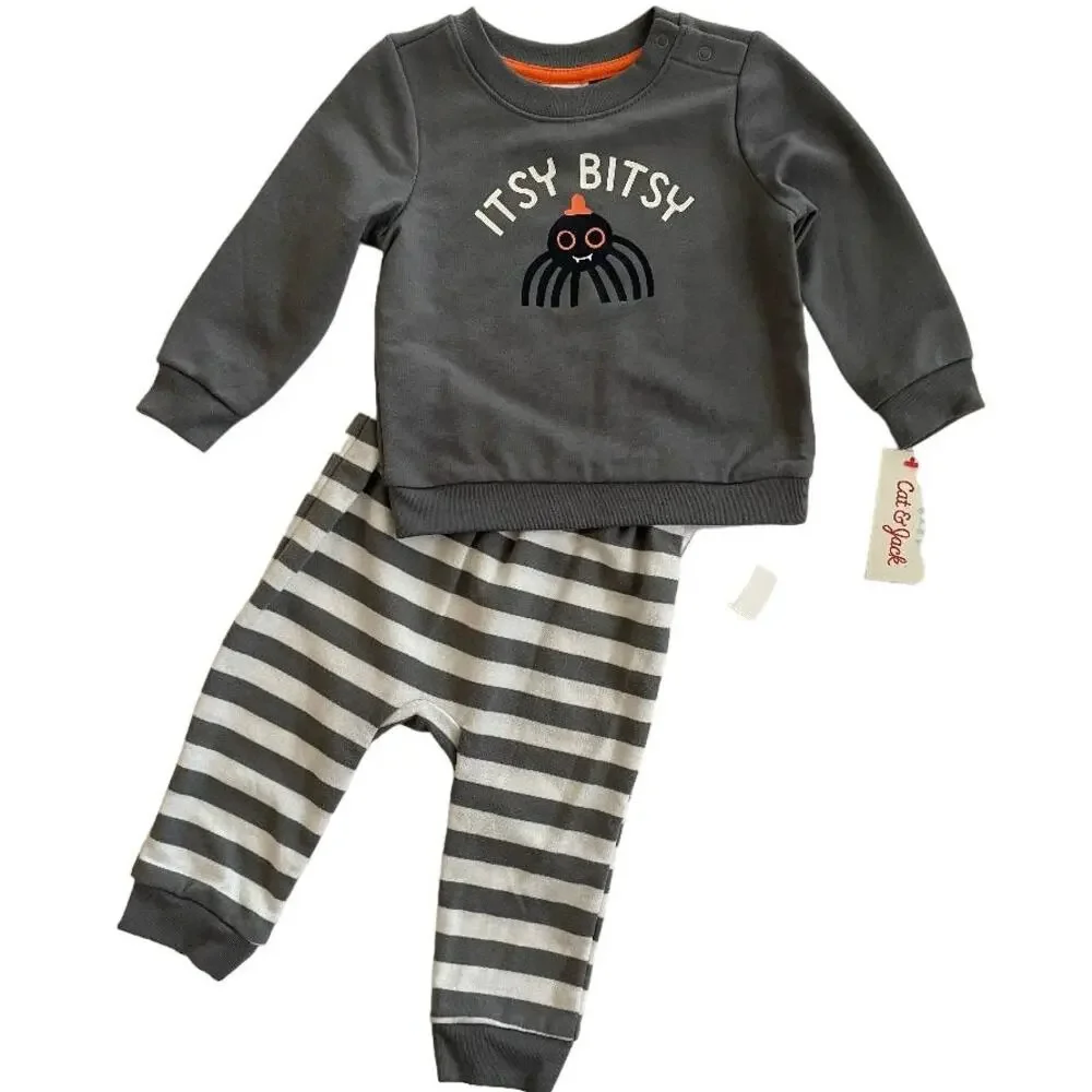 Cat & Jack Baby Unisex Gray Spider Itsy Bitsy Halloween Sweatshirt Pants Set 12M